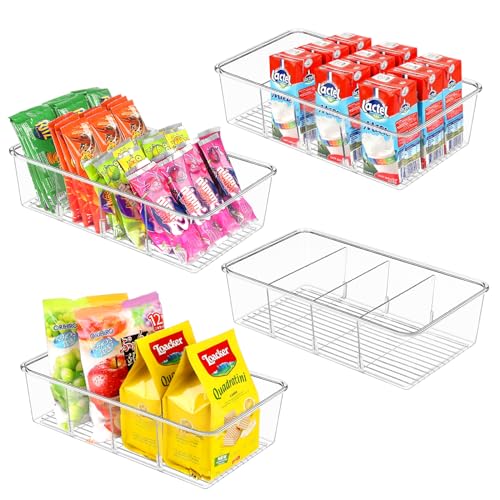 Snack Organizer for Pantry Shelf, 6 Pack Clear Plastic Pantry Storage Bins with 3 Dividers for Snacks, Spices, Chips Food Organizer, Stackable Pantry Organizers for Kitchen, Fridge, Cabinet - view 8
