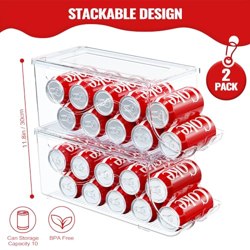 2 Pack Stackable Refrigerator Organizer, Soda Can Dispenser Pop Cans Container Beverage Holder with Lid for Fridge, Freezer, Kitchen, Clear Plastic Storage Bins-Holds 10 Cans Each - view 2