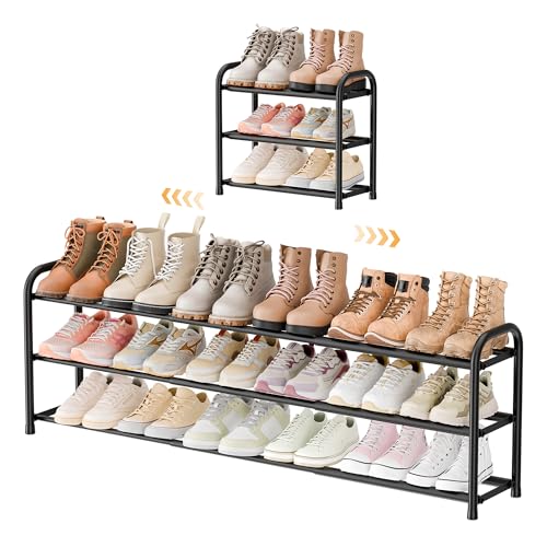 3 Tier Expandable Shoe Rack, Metal Small Shoes Shelf, Black - view 3