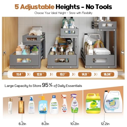 2-Pack Under Sink Organizers and Storage,2-Tier L Shape Pull Out Cabinet Organizer With Round Tube Slide Rails,Hight Adjustable Slide Out Drawers for Kitchen&Bathroom,Multi-Purpose Storage Shelf-Gray - view 5