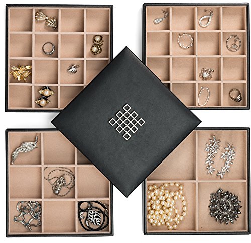 Co Earring Organizer Tray - 4 Stackable Trays with Lid -45 Slot Classic Jewelry Storage Display Case for Drawer or Dresser - Holder for Earring Ring Necklace or Cufflinks - Large Mirror - Black