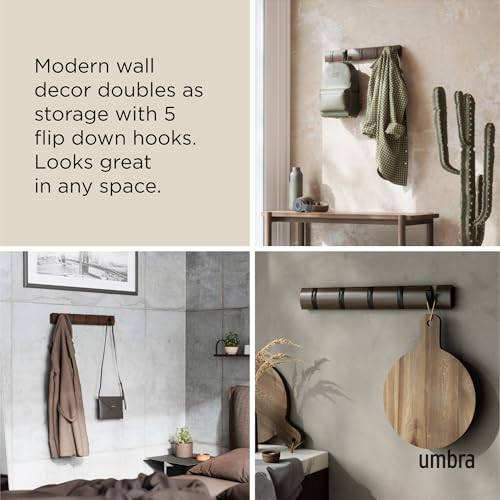 Flip Coat Rack, Wall Mounted 5-Hook Space Saving, Walnut/Black - view 4