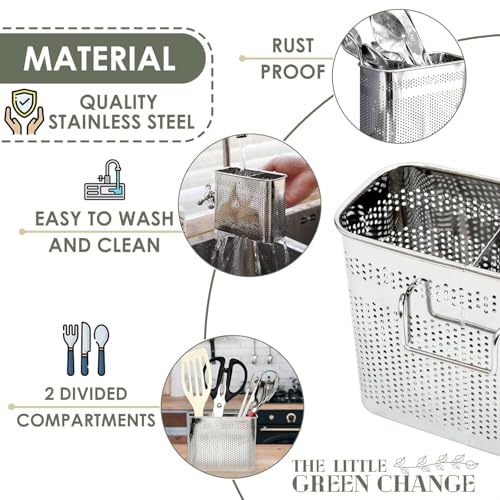 Kitchen Utensils Chopsticks Holder Drying Rack Basket with Hooks 2 Divided Compartments Quality Stainless Steel Large L5.4 X H4.3 X W2.6 - view 5