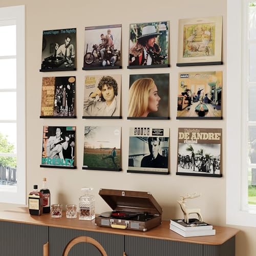 Vinyl Record Shelf Wall Mount, 12 Pack Album Record Holder Wall, 12 inch Vinyl Record Storage Shelves Wall, Wood Record Display for Living Room (Black) - view 6
