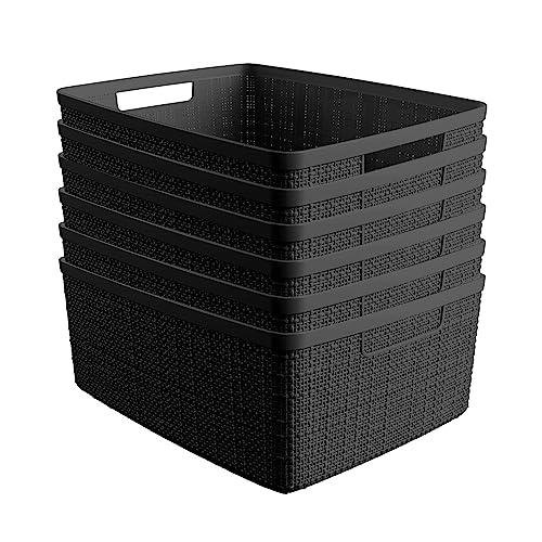 Set of 6 Medium 12L Jute Decorative Plastic Organization and Storage Baskets - Perfect Bins for Home Office, Closet Shelves, Kitchen Pantry and All Bedroom Essentials, Black