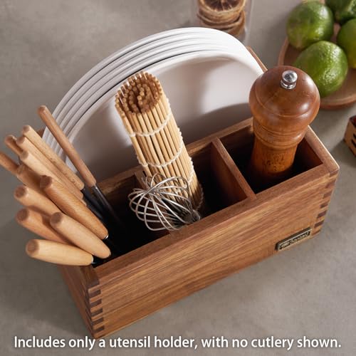 Acacia Wood Utensil Holder, Paper Plate Dispenser Organizer for Countertop - 4 Compartment Silverware Caddy for Friendsgiving Party - Cutlery Holder for Cup, Fork, Spoon, Kitchen, Camping - view 4