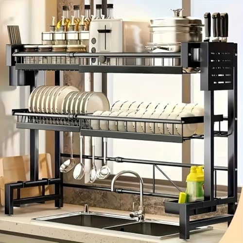 Expandable Countertop Dish Rack Organizer - Space-Saving Kitchen Sink Shelf with Drainage Function, Easy Assembly, Compact Storage, and Durable Construction for Home and Restaurant Use