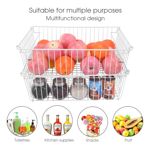 Set of 2 Stackable XXL Wire Baskets For Pantry Storage and Organization -16x12in Large Metal Food Baskets -Vegetable,Fruit,Potato,Onio, Pantry Storage Bins With Handles (White, XXL) - view 2