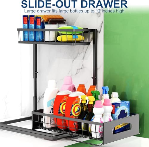 Under Sink Organizer, 2 Pack Height-Adjustable Cabinet Organizer with Slide-Out Bottom Drawer, Fits Around Pipes, Heavy-Duty Metal Storage for Kitchen and Bathroom, Black (Black, 2 Pack) - view 4