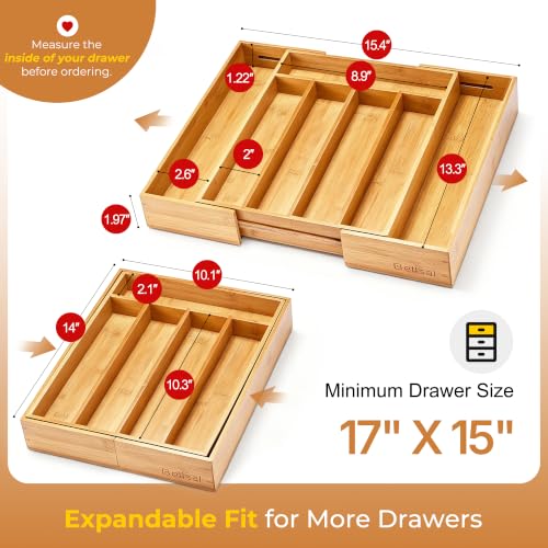 Silverware Organizer Kitchen Drawer Organizer Expandable Bamboo Utensil Holder Cutlery Tray for Kitchen Utensil and Flatware Bedroom Office - view 2