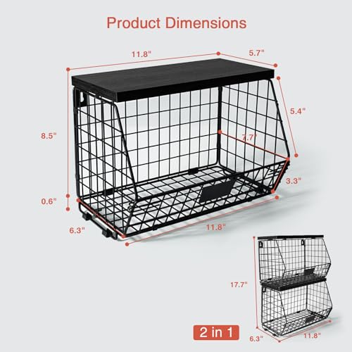 Black Kitchen Wall Hanging Storage Basket Set of 2, Rustic Stackable Kitchen Counter Fruit Organizer, Wire Baskets Container for Veggie, Garlic, Produce, Onion and Potato (Black Shelf) - view 7
