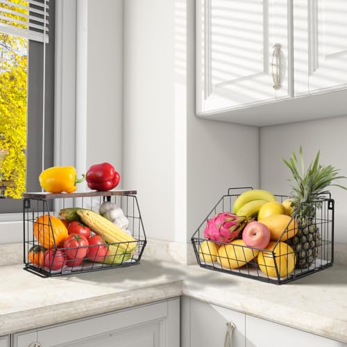 2 Tier Stackable Wall Mounted Hanging Basket, Fruit Basket for Kitchen Counter, Storage Bin with Wood Lid, Onion Storage, Fruit and Vegetable Storage, Countertop Organizer - view 6
