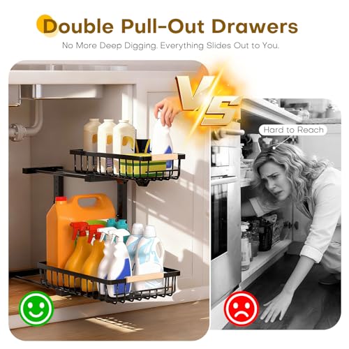 Under Sink Organizer, Heavy-Duty & Rust-Resistant Carbon Steel Metal, 2 Tier Pull Out Under Bathroom Sink Storage, Adjustable Height (13.8" -16.9"), Organizer for Kitchen Cabinet(2PCS,Black) - view 5