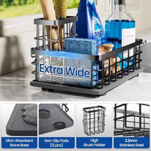 Extra Large Sink Caddy with Drying Stone, Sponge & Brush Holder for Kitchen - view 4