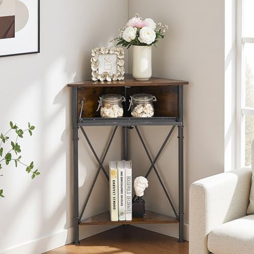 3 tier Corner Table/Cabinet with Flip Door and Storage Shelves, Free-Standing Organizer for Compact Space in Living Room/Study/Lobby/Bedroom,Industrial
