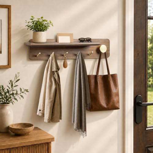 Coat Rack Wall Mount with Shelf, Solid Wood, 5 Brass Hooks, Brown - view 5