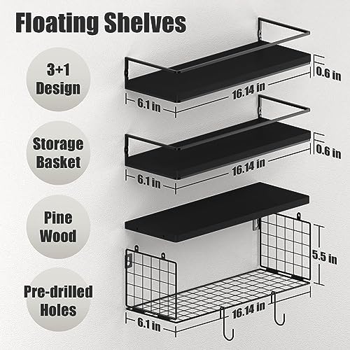 Black Floating Shelves with S Hooks, Wall Mounted Bathroom Shelves Over Toilet with Toilet Paper Basket, Bathroom Organizers and Storage, Small Corner Shelf for Bedroom Home Room Wall Decor - view 3