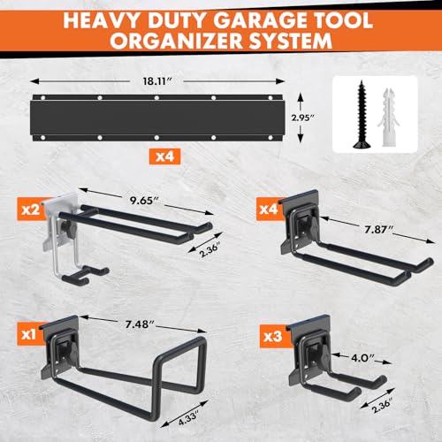 64'' Garage Tool Organizer Wall Mount, 620lbs Heavy Duty Metal Storage Rack | Adjustable Hooks Garden Tool Organization System | Anti-Rust Shed Rack for Hanging Shovel, Rake, Broom, Snowboard - view 6