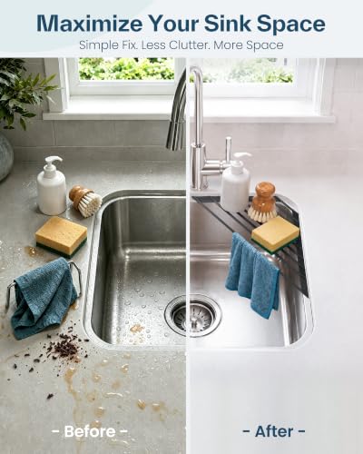 Corner Sink Caddy, Sponge Holder for Kitchen Sink Organizer - Silicone Wrapped Steel Anti Slip Rust Triangle Over the Sink Roll-UP Dish Drying Rack for Sink Corner Kitchen Sink Accessories - view 2