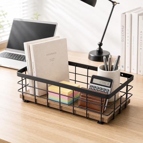 Small Metal Wire Basket, Decorative Wood Base Organizer for Bathroom, Kitchen, Basket for Toilet Paper Storage, Sugar Packet, Coffee Syrup, Guest Towel, Napkin - view 5