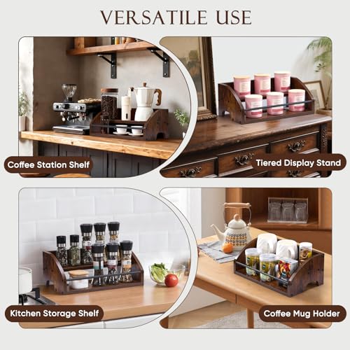 Wooden Liquor Bottle Display Shelf, 2 Tier Countertop Liquor Wine Rack, Coffee Syrup Rack Organizer, Mini Bar Home Retro Bar Shelves Stand for Bourbon Whiskey, Spirits, Alcohol Storage - view 3