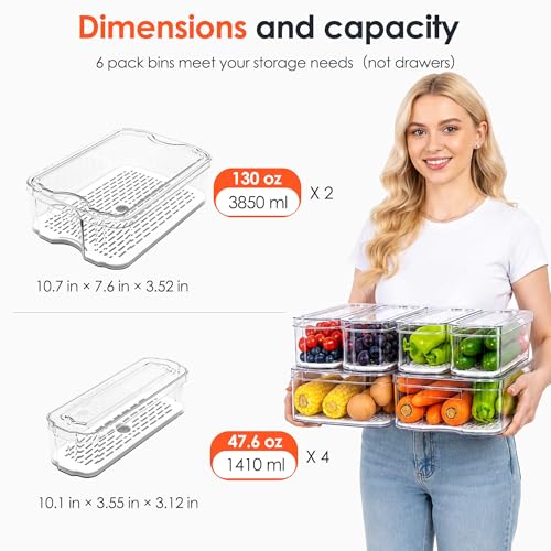 6 Pack Clear Fridge Organizer Bins with Drain Trays - Stackable - view 6