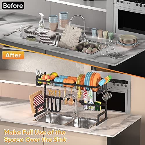 Over the Sink Dish Drying Rack, 2 Tier Adjustable Large Capacity Stainless Steel Dish Rack for Kitchen Counter, Heavy Duty Space Saver Organizer with Utensil Holder, Black - view 2
