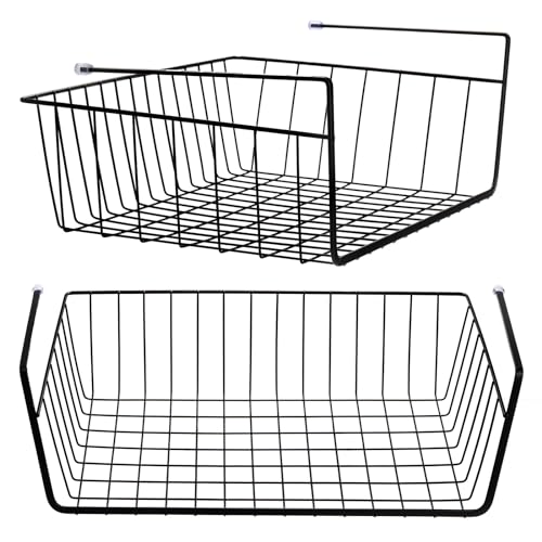 2 Pack Black Under Shelf Wire Basket, Hanging Storage Baskets Under Cabinet Add-on Storage Racks, Slide-in Baskets Organizer for Kitchen Pantry Desk Bookshelf