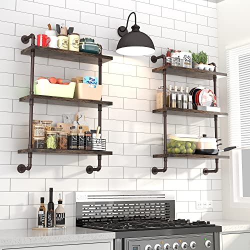 Industrial Pipe Shelf Wall Mounted, Rustic Wood Floating Shelves, 3 Tier Wall Display Bookshelf, Storage Rack Sundries Holder for Kitchen Office Bathroom Organization and Home Decor (24inch x 2) - view 4