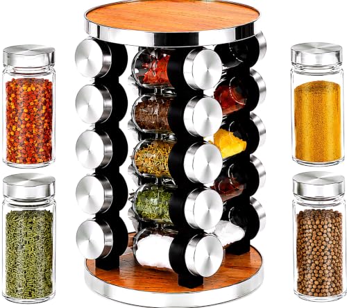 20 Jar Rotating Spice Rack, Wood & Stainless Steel Countertop