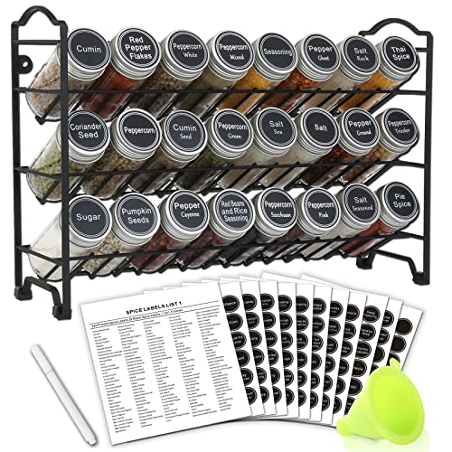 3 Tier Spice Rack Organizer with 24 Empty Round Spice Jars, 396 Spice Labels, Funnel and Chalk Marker Complete Set, Black