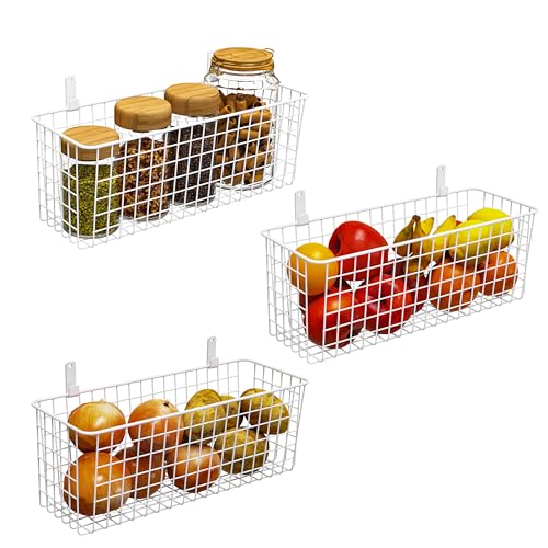 3 Set [Extra Large] Hanging Wall Wire Baskets, Farmhouse Food Storage Kitchen Pantry Laundry Closet Garage RV, White