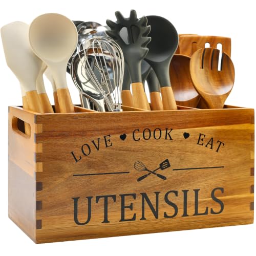 Acacia Wood Kitchen Utensil Holder Countertop Large Cooking Spoon Organizer