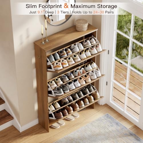 3-Drawer Flip Shoe Storage Tower – Slim-Profile Freestanding Rack with Adjustable 3-Tier Shelving, Rustic Shaker Barn Door Style, and Warm Caramel Finish – Compact Boot & Shoe Organizer - view 5