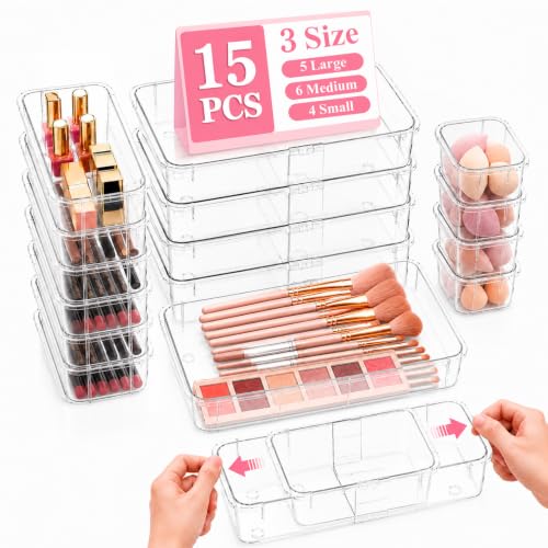 15 PCS Extendable Drawer Organizer Set Clear Stackable Vanity Storage Bins