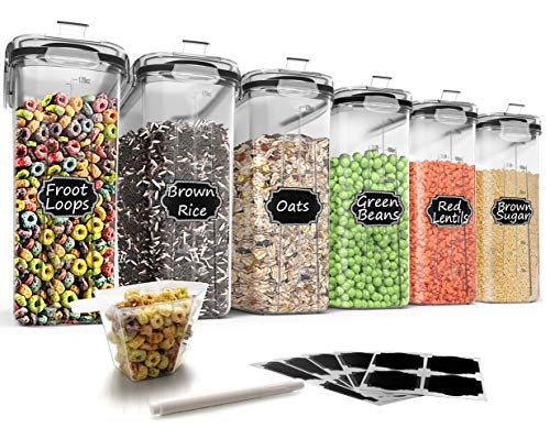 Cereal Storage Containers Set, Large BPA Free Plastic Airtight Food Storage Containers 4L for Flour, Sugar, 6 Piece Set Cereal Dispensers with 20 Labels & Marker, Black