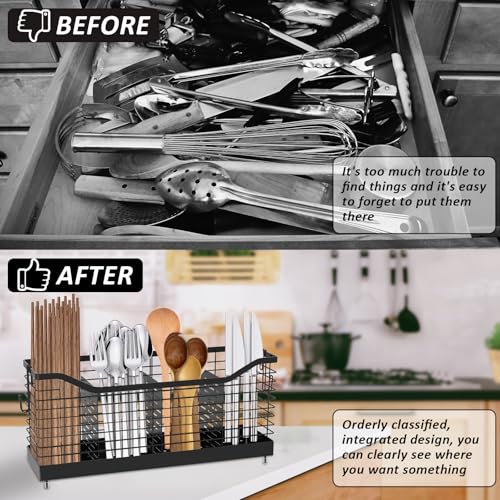 Metal Extra Large Utensil Holder for Kitchen Counter, 4-Compartment Utensil Drying Rack Cooking Utensil Holder Organizer Cutlery Spatula Fork Drainage Storage for Countertop Sink,15.8" x 4.4" x 7.4" - view 7