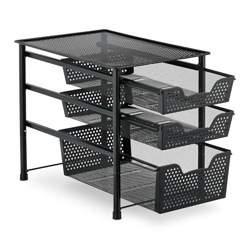 Drawer Shelf, Stackable Office Organiser, 3 Pull-Out Baskets, Metal, Kitchen, Bathroom, HBT: 35 x 28 x 42.5 cm, Black - view 6