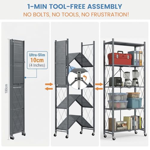 70.7" H Metal Storage Shelves, 5 Tier Folding Storage Shelves on Wheels - view 3