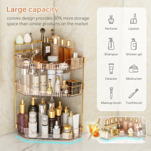 Corner Bathroom Counter Organizer with Makeup Brush Holder & Toothbrush Holders, Makeup Organizer for Vanity Countertop, Acrylic Skincare Storage Shelf (Amber, 3-Tier) - view 5