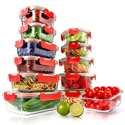 24-Piece Glass Food Storage Containers with Lids - 12 Stackable Heavy Duty Meal Prep Containers w/ 12 Airtight Lids - Microwave, Freezer, & Dishwasher Safe for Food, Snacks, & Fruit-(Red)