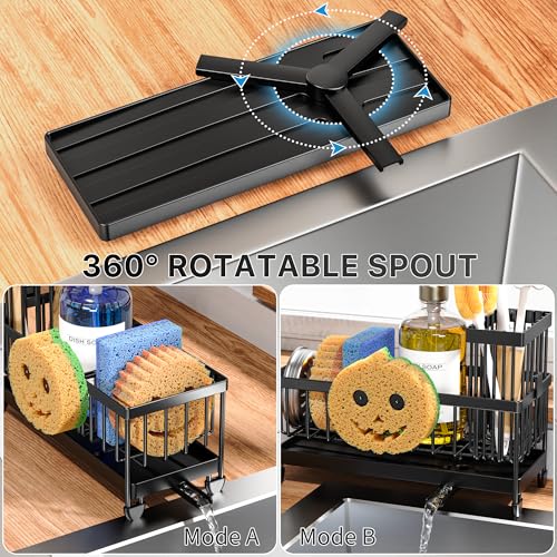 Sponge Holder for Kitchen Sink, Sink Caddy Organizer with High Brush Holder, Kitchen Countertop Organizers and Storage Essentials, Rustproof 304 Stainless Steel (Black with Smiley Face, 9.25″) - view 2