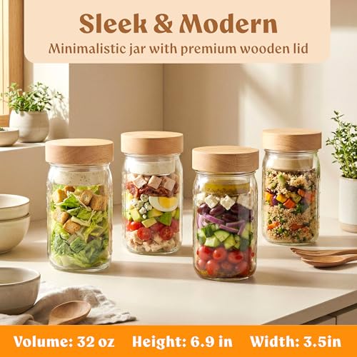 Glass Salad Jars with Oak Lids, 4 Pack 32oz for Meal Prep - view 2