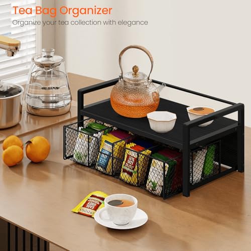 Wood Tea Bag Organizer, Teabag Holder with Drawer, Tea Organizers and Storage Box, 8 Compartments Tea Caddy Station Chests Display Container for Counter Kitchen, Black - view 4