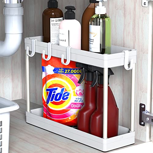 2-Tier Under Sink Organizer Storage Tray with Hooks, White