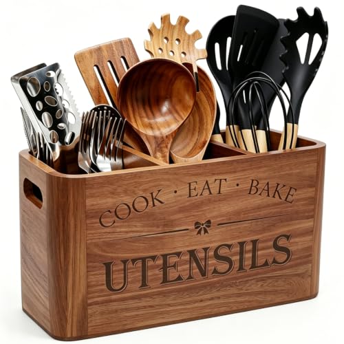 Wooden Kitchen Utensil Holder Organizer for Counter or Countertop, Large Wooden Utensil Holder for Storage Cooking and Silverware with 3 Compartment, Acacia Rustic Wood Container Extra Large