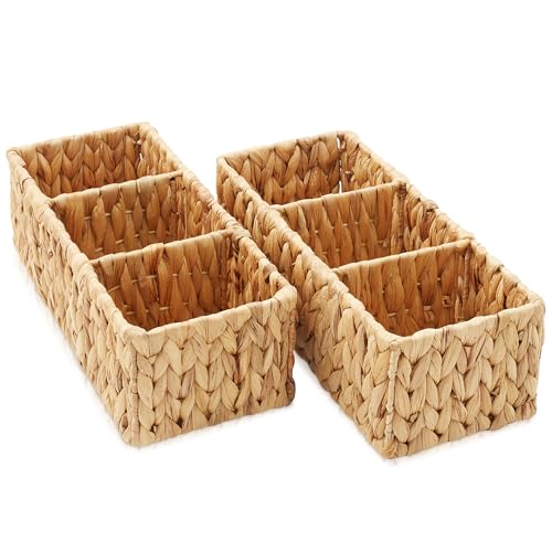 Set of 2 Water Hyacinth Basket Organizers with 3 Sections, Natural - Woven Storage Bins for Bathroom, Laundry, Pantry, Office, Shelves - view 3