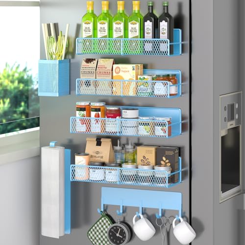 Magnetic Spice Rack for Refrigerator, 7 Pack Metal Magnetic Shelf Blue, Moveable Spice Organizer with Hook Rack, Paper Towel Holder, Kitchenware Holder, Strong Magnetic Storage Fridge Organizer
