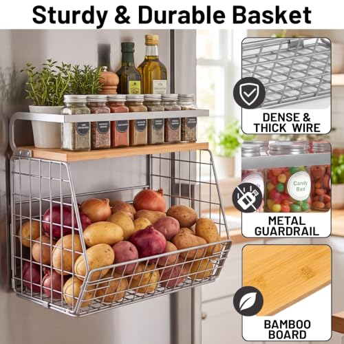Magnetic Shelf for Fridge, Wood-Top Storage Basket, Kitchen - view 2