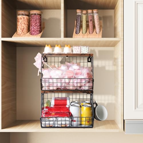2pcs Fruit Basket Kitchen Storage Basket with Wood Lid - view 4